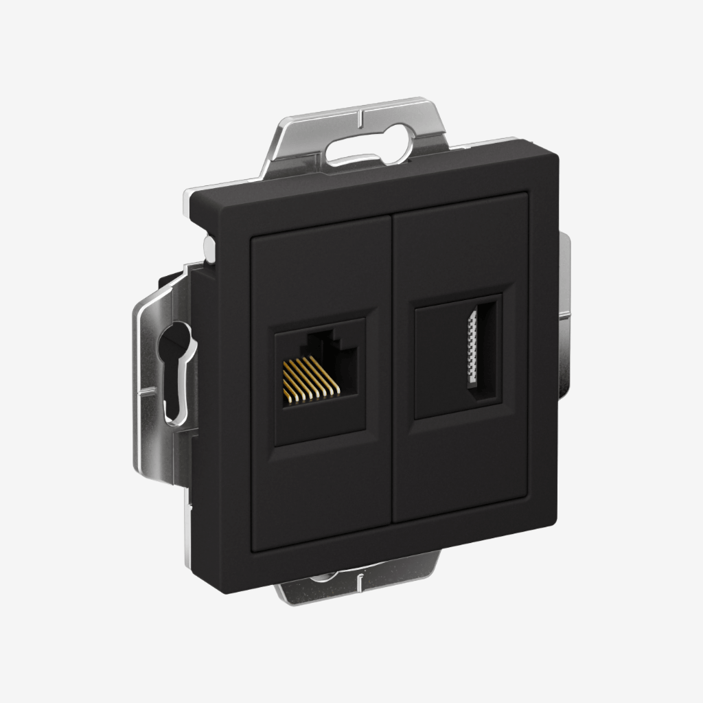 Розетка Systeme Electric AtlasDesign | двойная HDMI+RJ45, кат. 5е, механизм, Черный (Карбон)